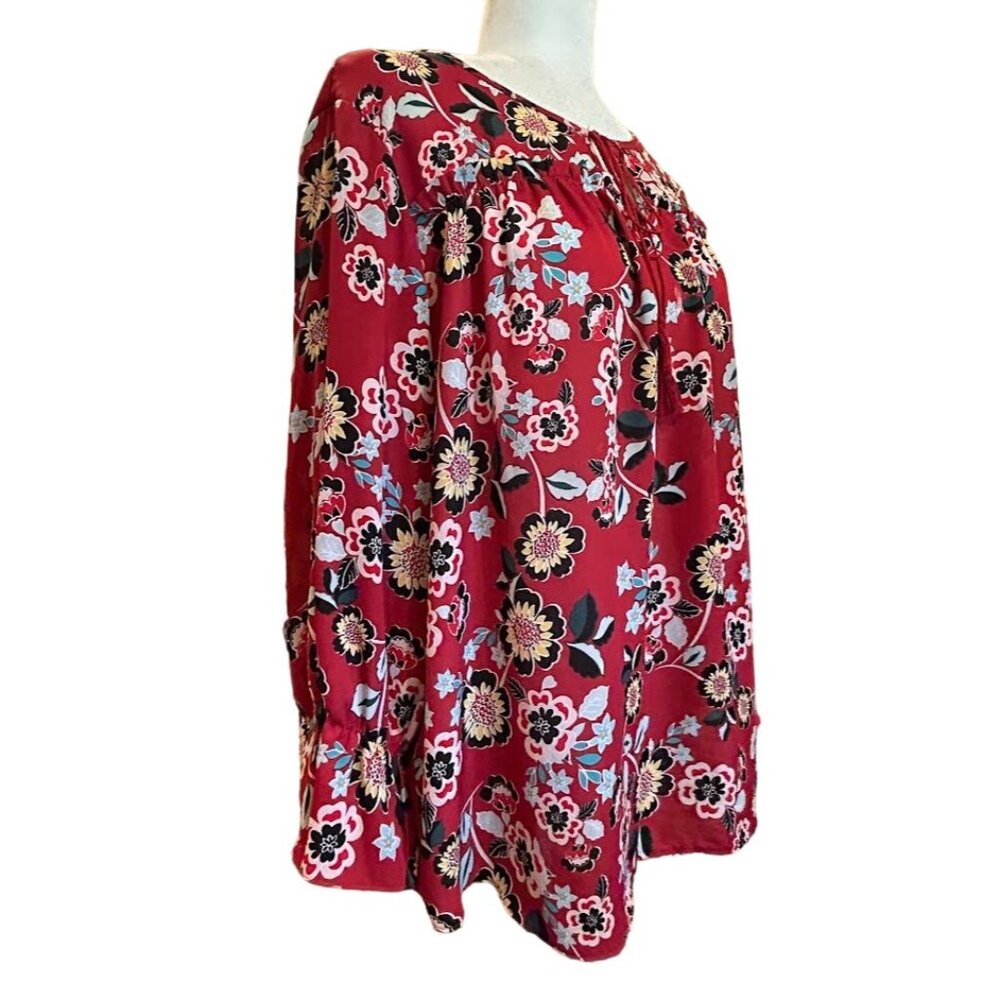 Valerie Stevens Floral Print Blouse‎ 1X Plus Size Red Long Sleeve Polyester